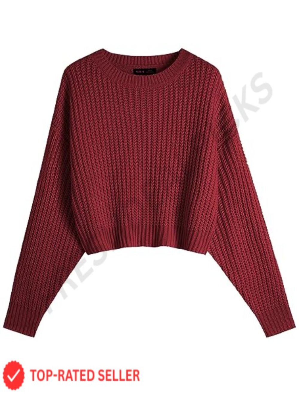 Ckikiou Batwing Cropped Sweater Crew Neck Ribbed Knit Women's